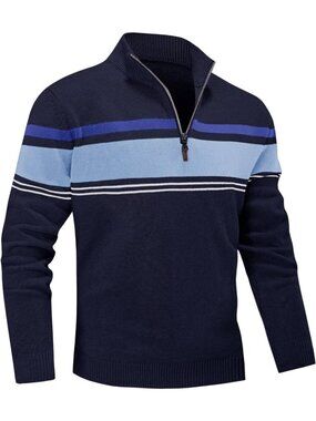 Navy Lake Blue Quarter Zip Striped Pullover Sweater for Men - Fall & Winter